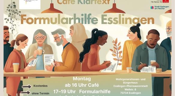Café Klartext und Formularhilfe Verschiedene Menschen sitzen an Tischen, trinken Kaffee, lesen