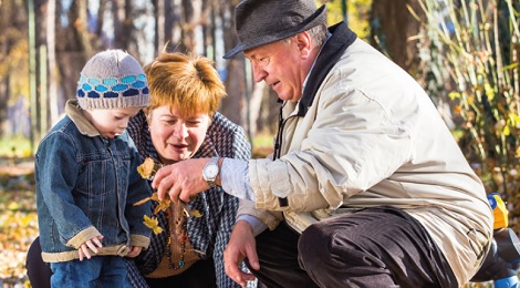 Großeltern mit Kleinkind im Herbstwald © dobok - stock.adobe.com